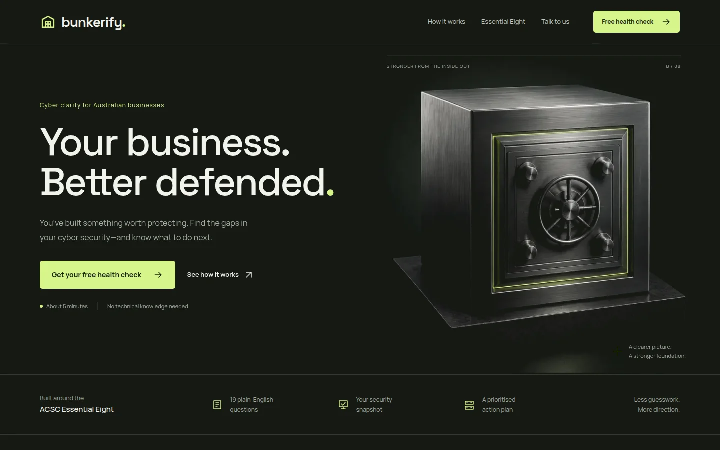 Bunkerify’s dark green homepage with a safe illustration and cyber health check introduction.