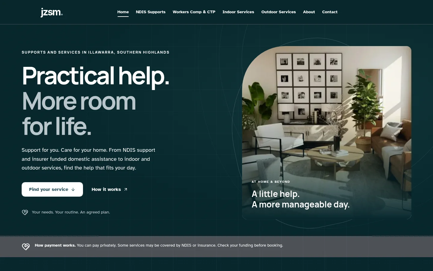 JZSM’s teal homepage with support services information and a home interior photograph.