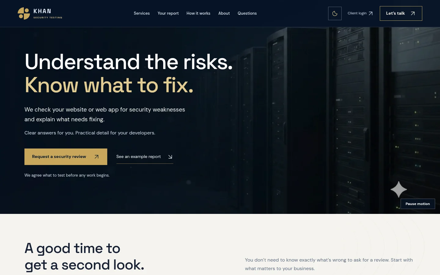 Khan Security Testing’s navy and gold homepage introducing its security review services.